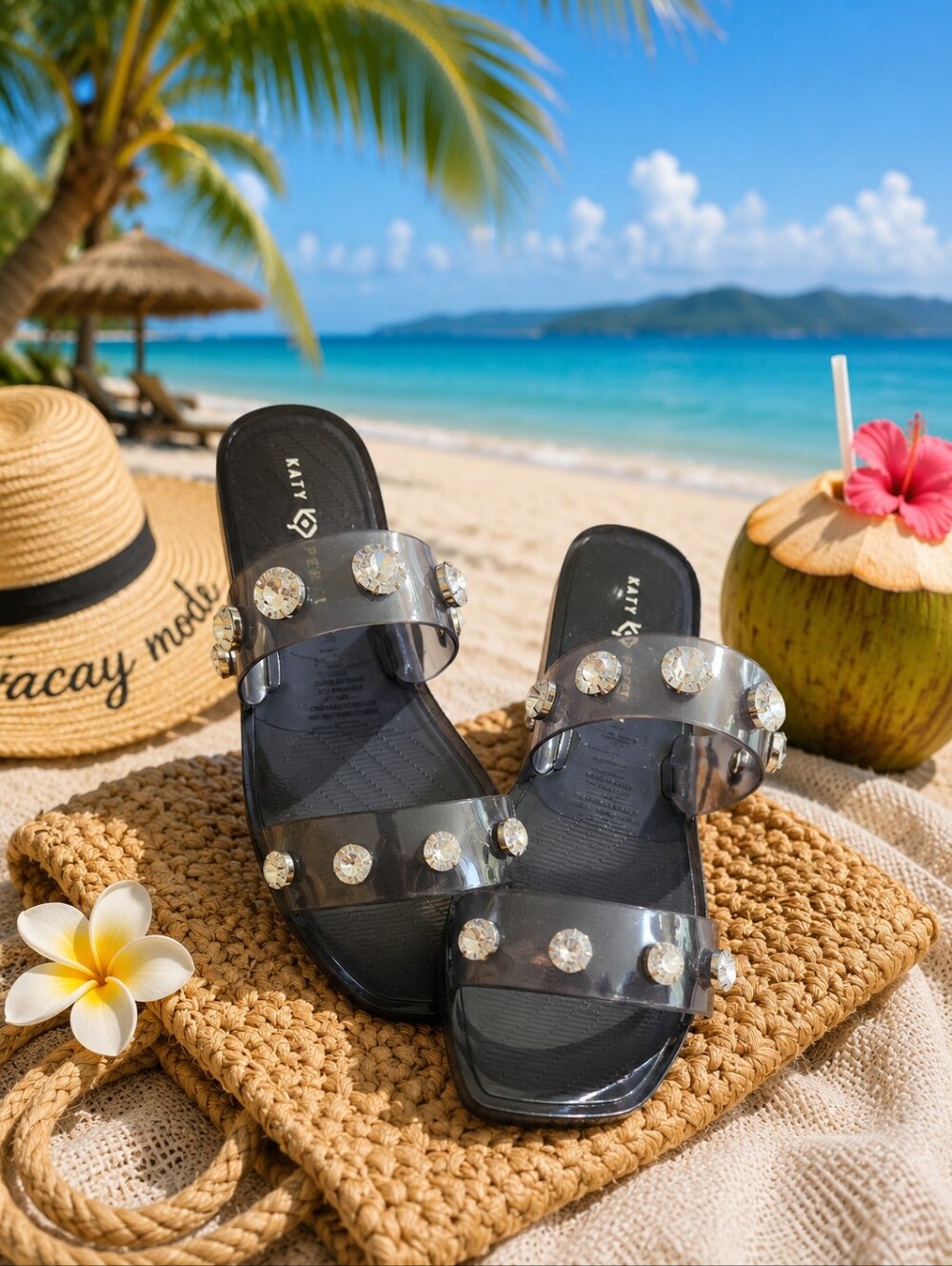 Katy Perry Geli Embellished Square Toe Jelly Slide Sandals Black Size 8 NIB